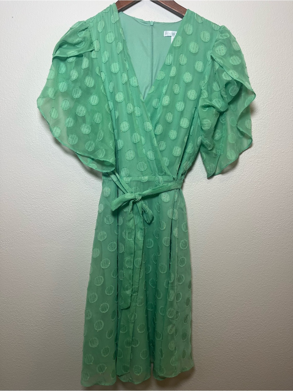 London Times Mint Green Midi Wrap Dress with Tie Waist